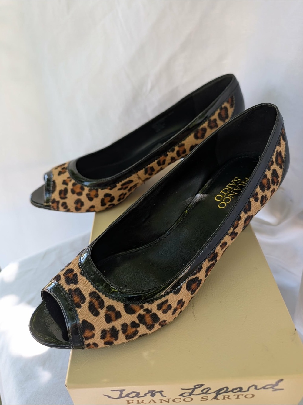 Franco Sarto Leopard Print Peep-Toe Heels with Black Trim Luxury Flirty Fashion